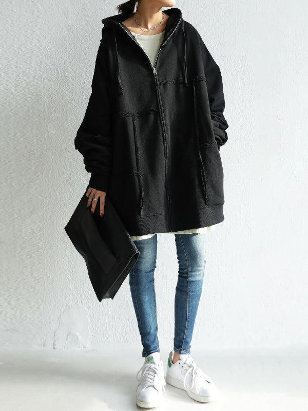 Stylish Loose Split-Joint Asymmetric Drawstring Hooded High-Neck Jacket Outerwear