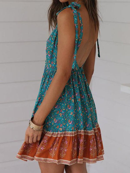 Sexy V-neck Printed Mini Dress