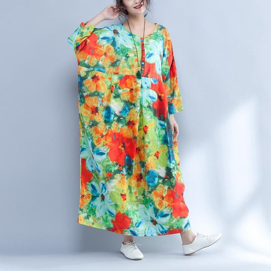Colorful Printed Round Neck Long Sleeve Spring Dress