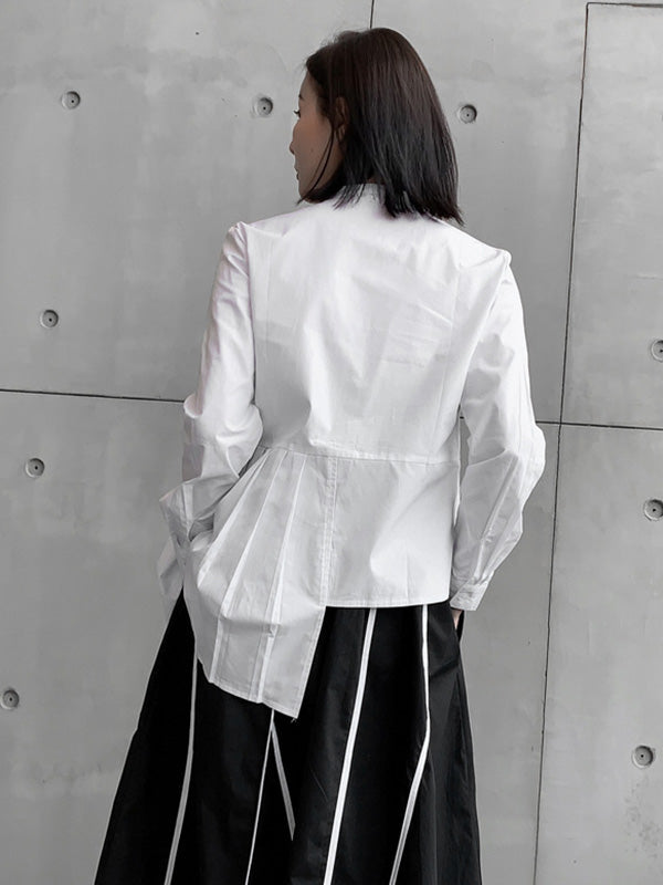 Stylish Irregular Solid Color Split-Joint Pleated Buttoned Stand Collar Long Sleeves Blouse