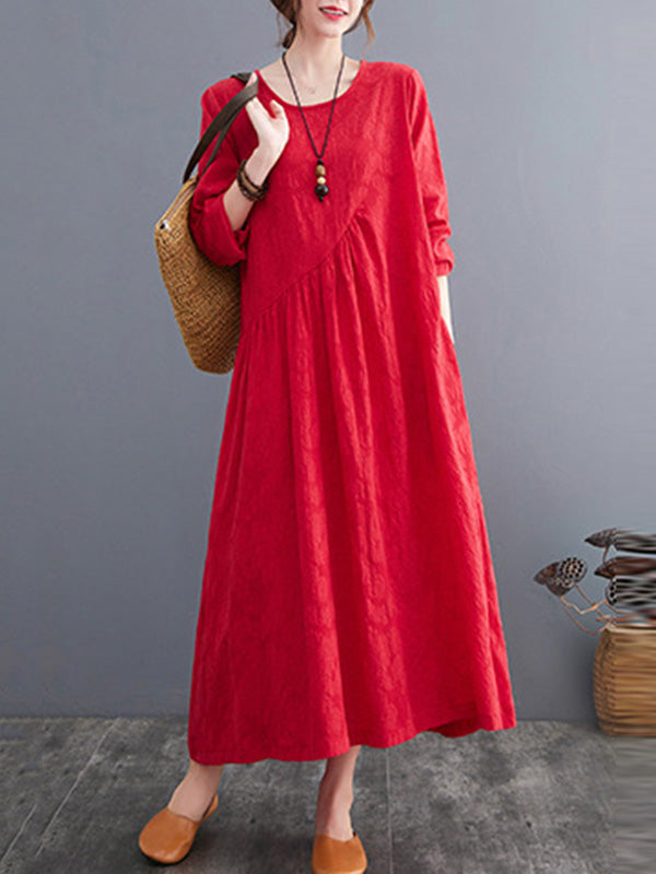 Casual Simple Solid Color Pleated Round-Neck Long Sleeves Midi Dress