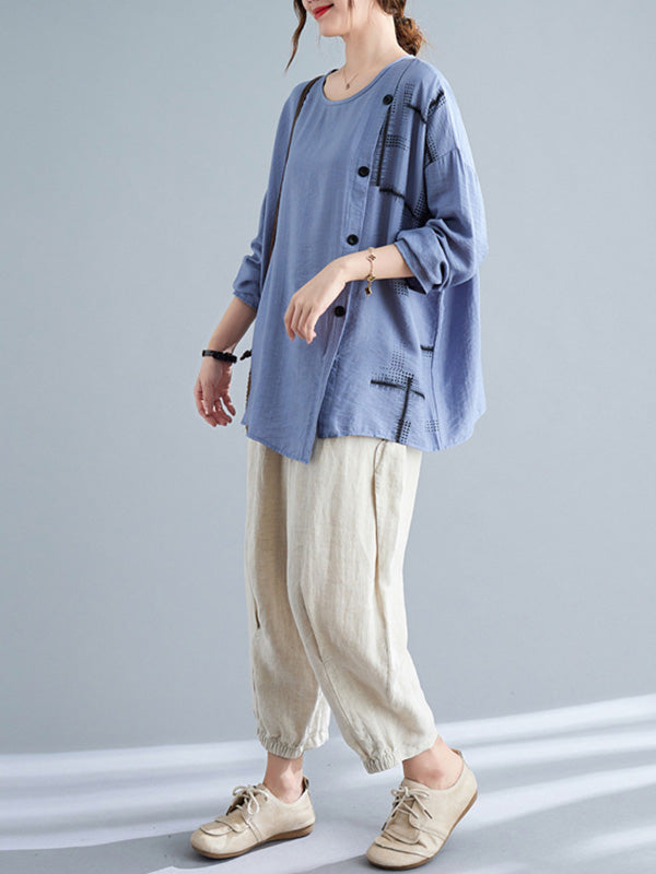 Casual Asymmetric Buttoned Round-Neck Long Sleeves T-Shirt Tops