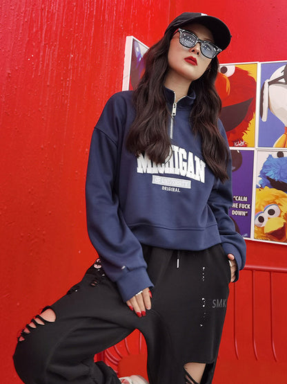 Casual Letter Printed Zipper High-Neck Long Sleeves Sweatshirts