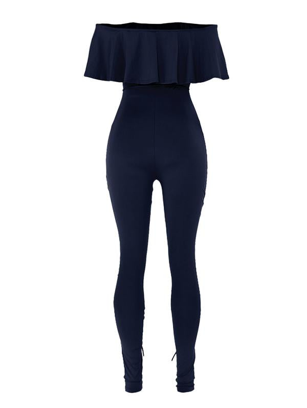 Off-The-Shoulder Lotus Leaf Sleeves Solid Sexy Jumpsuit