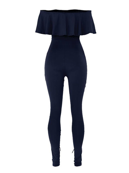 Off-The-Shoulder Lotus Leaf Sleeves Solid Sexy Jumpsuit