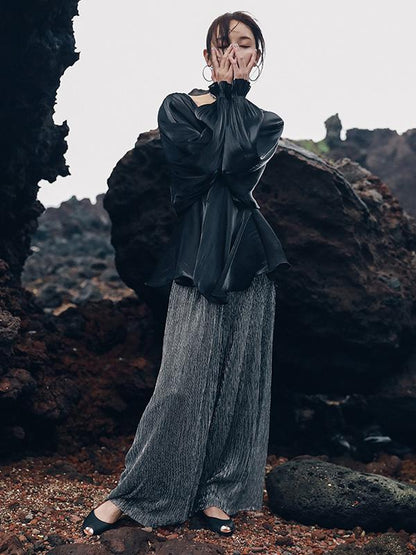 V-neck Chiffon Puff Sleeves Loose Shirt Top