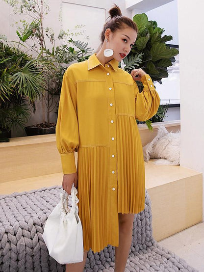 Loose Ruffled Solid Asymmetric Shirt Dress