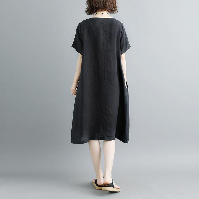 Casual Summer Short Sleeve Black Pockets Slit Dress