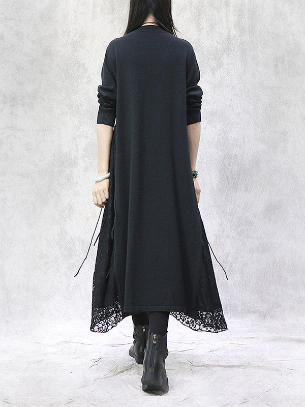 Artistic Retro Solid Color Split-Joint Embroidered Falbala Hollow Lace Tied Stand Collar Long Sleeves Knitted Sweater Dress