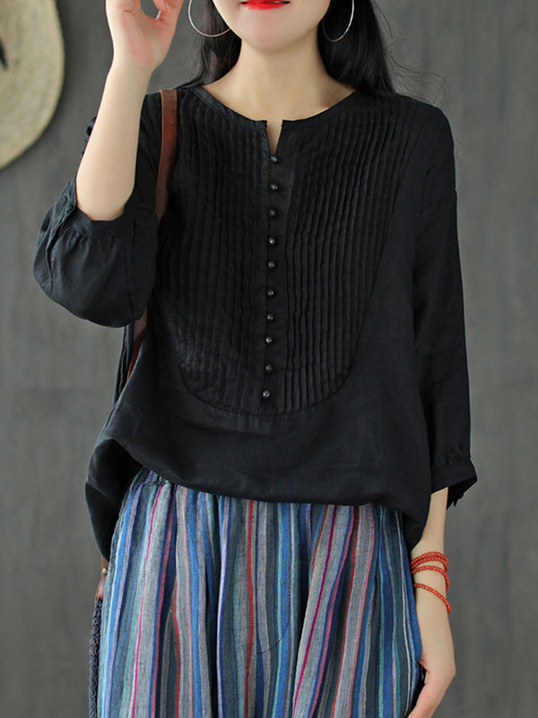Original Linen Solid Color Pleats T-Shirts Tops