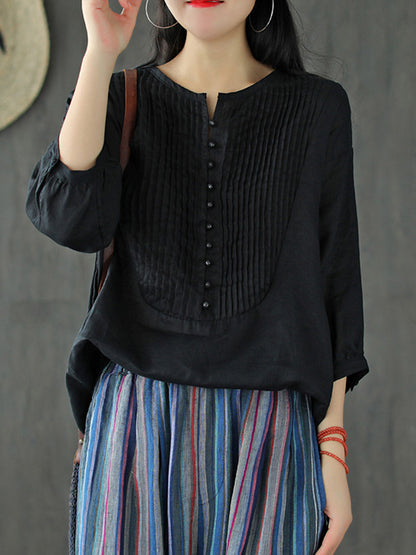 Original Linen Solid Color Pleats T-Shirts Tops