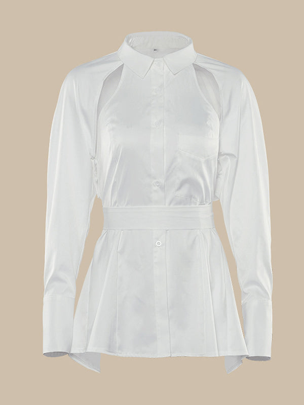Urban White Hollow Bandage Lapel Long Sleeves Blouses