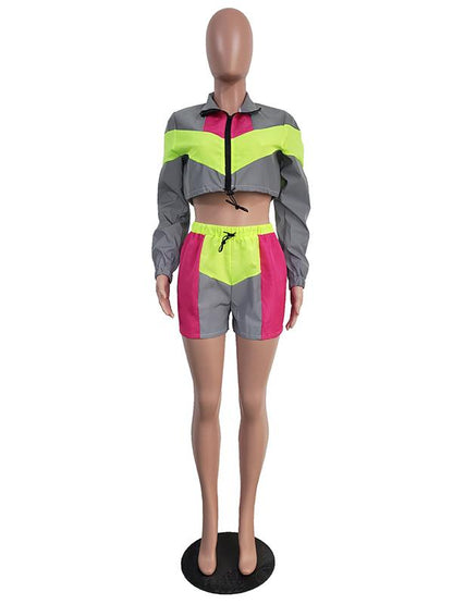Color Stiching Cropped Jacket And Shorts Suits