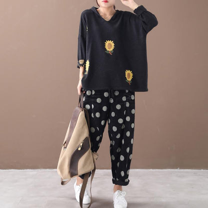 Buykud Casual Floral Printed Loose Knitted Hoodie
