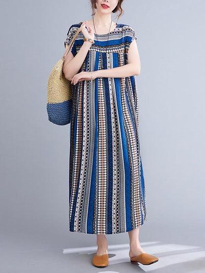 Casual Split-Joint Striped Round-Neck Short Sleeves Loose Midi Dress