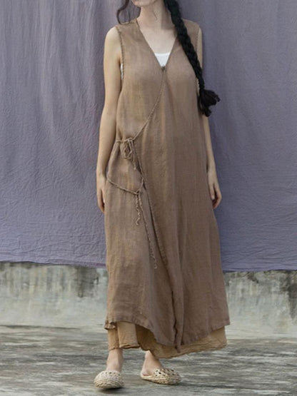 Literary Sleeveless Ramie Cotton Long Dress