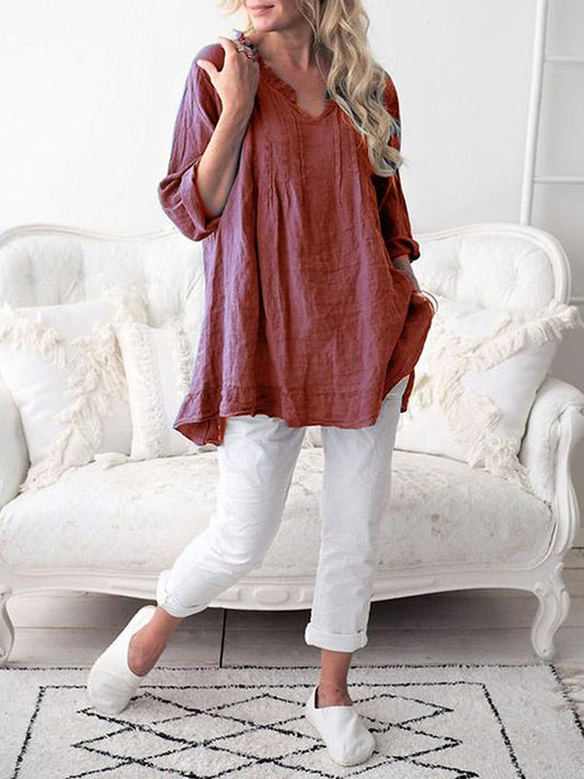Ruffled V-neck Long Sleeve Blouses&Shirts Top