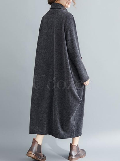 Casual Striped High-neck Midi Dress