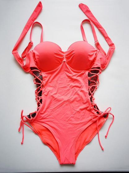 Plain Lace-up One-piece Swimwear