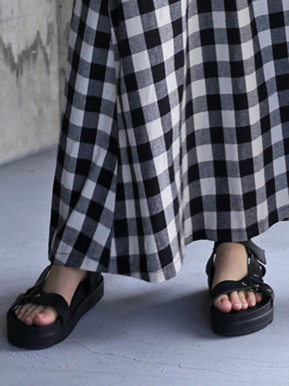 Artistic Retro Loose A-Line Plaid Stand Collar Long Sleeves Maxi Dress