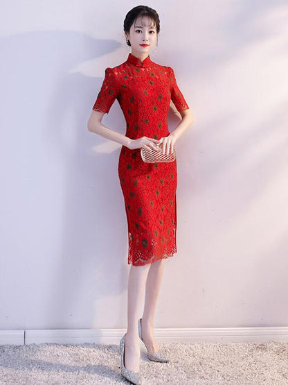 Red Lace Dacron Split-side Midi Cheongsam
