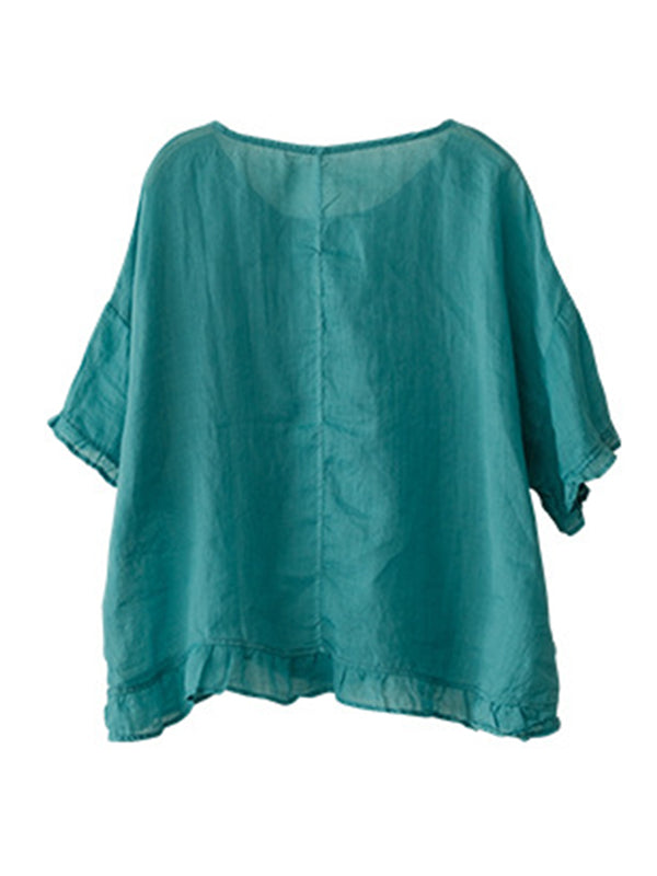 Ramie Cotton Embroidered Round-Neck T-Shirts Tops