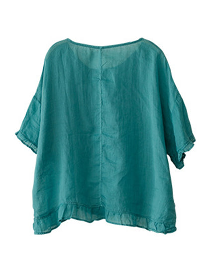 Ramie Cotton Embroidered Round-Neck T-Shirts Tops