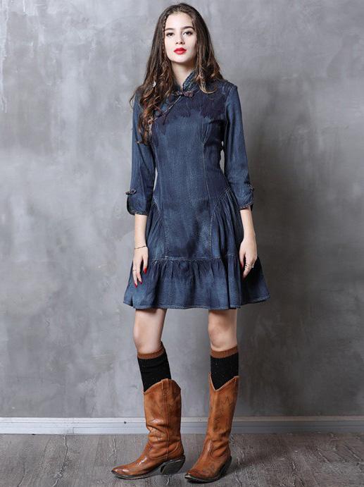 Vintage Falbala Short Cheongsams Denim Dress