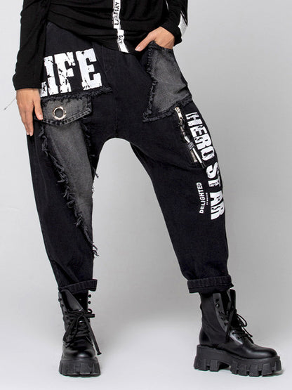 Original Split-Joint Letter Print Harem Pants Jean Pants