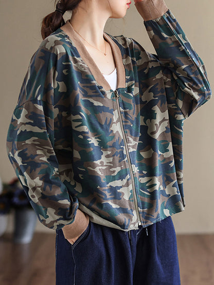 Casual Zipper V-Neck Camouflage Printed Long Sleeves Outerwear