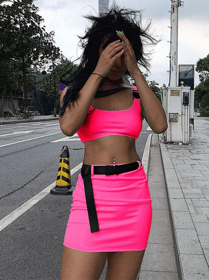 Buckle Cropped Tanks And Skirts Sport Suits