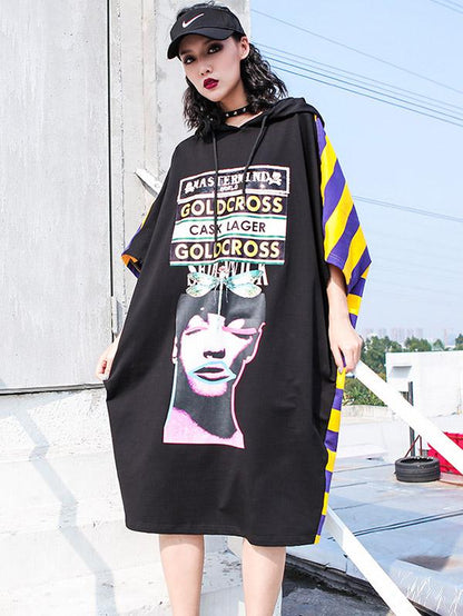 Striped Printed Loose Hoodies Dress