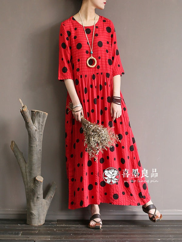 LOOSE SIMPLE POLKA-DOT COTTON LONG DRESS