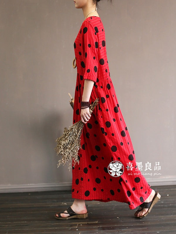 LOOSE SIMPLE POLKA-DOT COTTON LONG DRESS