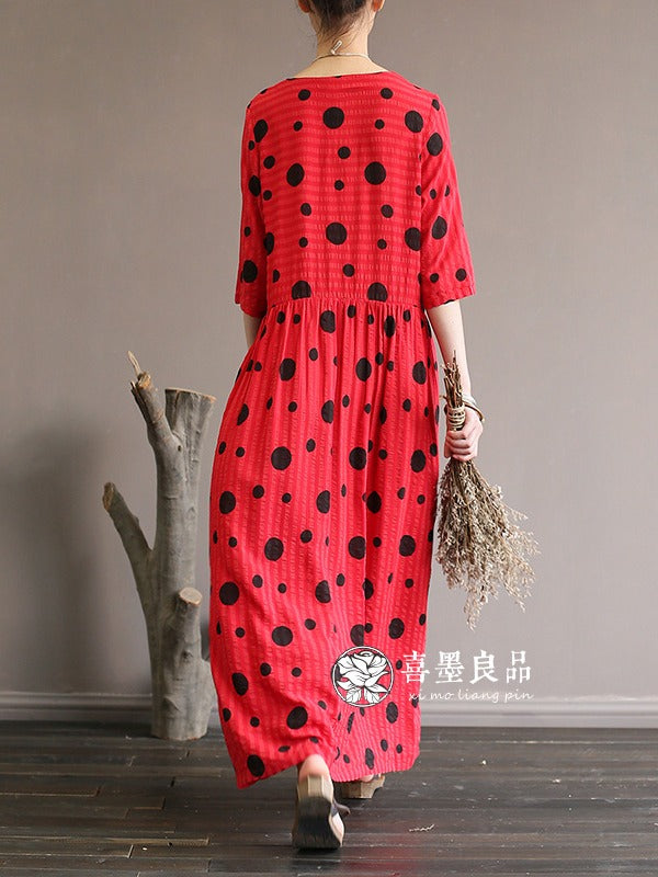 LOOSE SIMPLE POLKA-DOT COTTON LONG DRESS