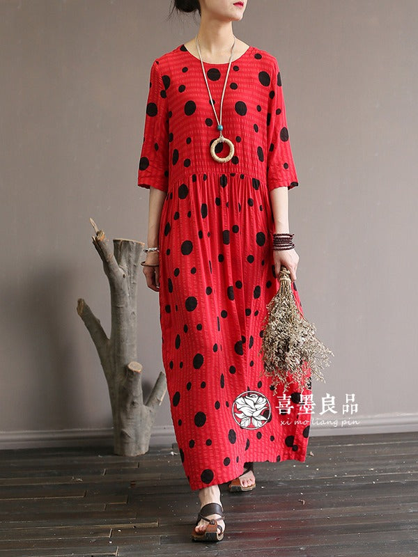 LOOSE SIMPLE POLKA-DOT COTTON LONG DRESS