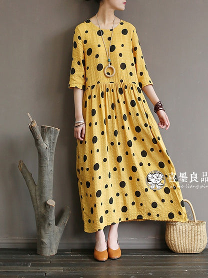 LOOSE SIMPLE POLKA-DOT COTTON LONG DRESS