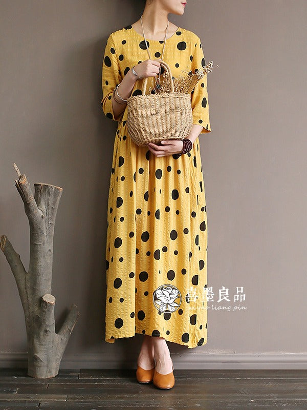 LOOSE SIMPLE POLKA-DOT COTTON LONG DRESS