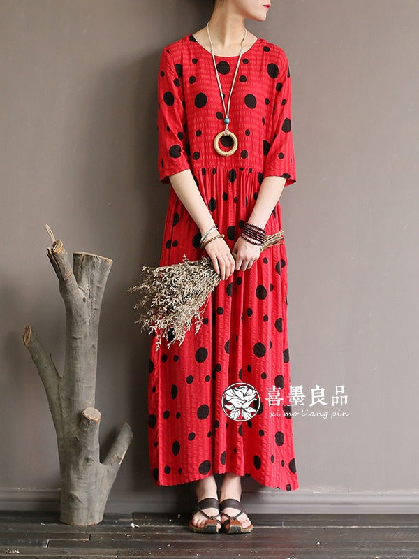 LOOSE SIMPLE POLKA-DOT COTTON LONG DRESS