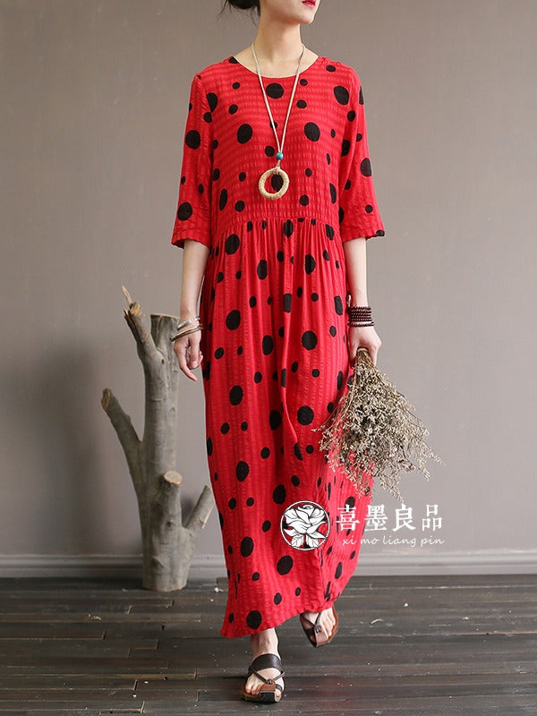 LOOSE SIMPLE POLKA-DOT COTTON LONG DRESS