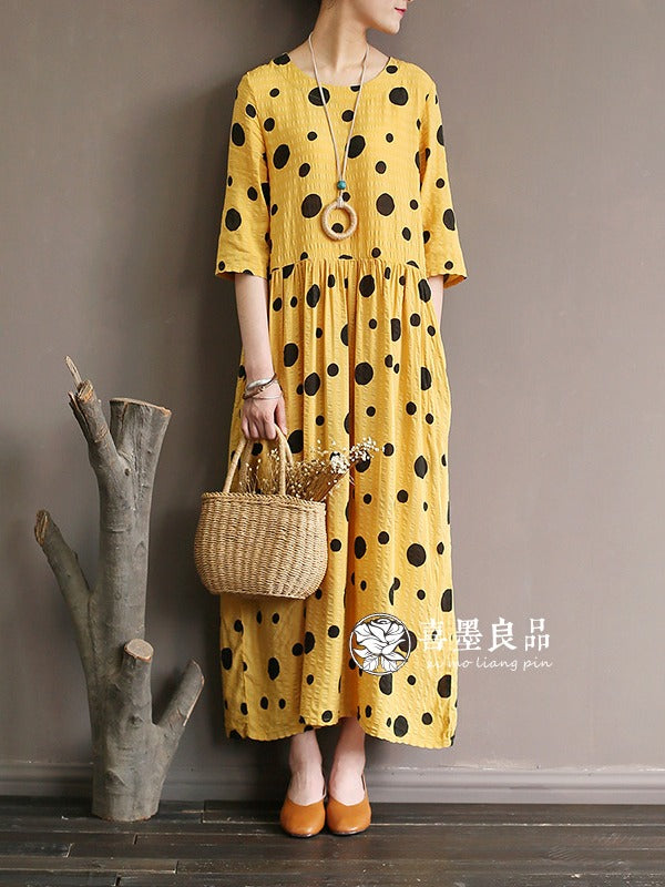 LOOSE SIMPLE POLKA-DOT COTTON LONG DRESS