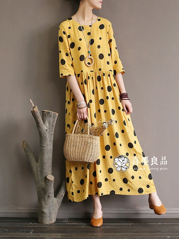 LOOSE SIMPLE POLKA-DOT COTTON LONG DRESS