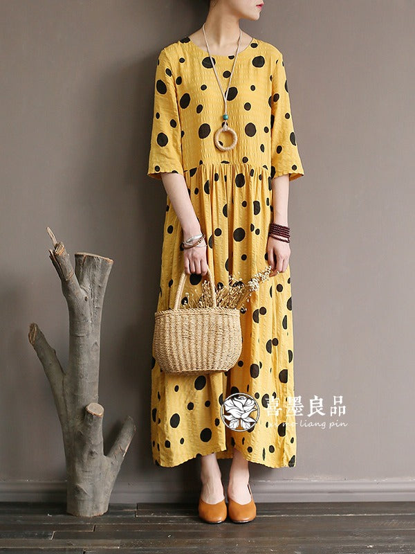 LOOSE SIMPLE POLKA-DOT COTTON LONG DRESS