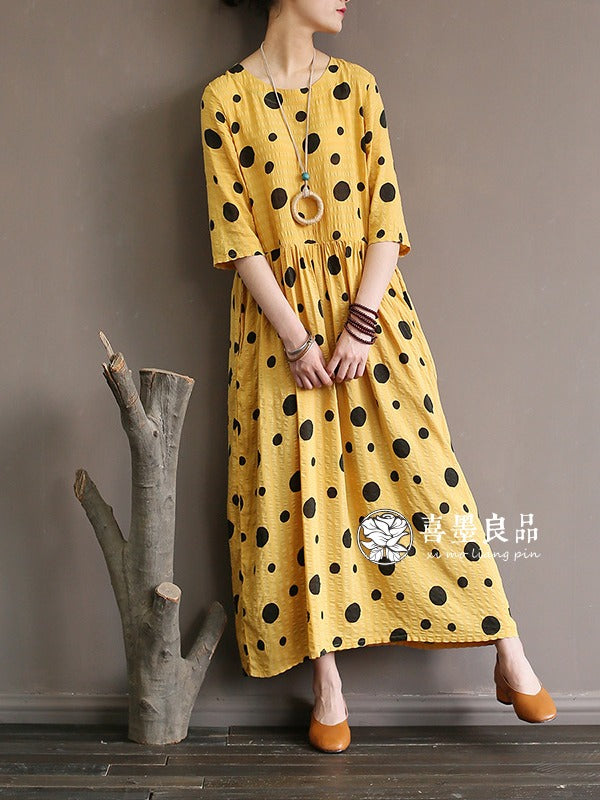 LOOSE SIMPLE POLKA-DOT COTTON LONG DRESS