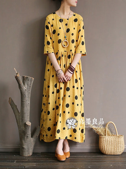 LOOSE SIMPLE POLKA-DOT COTTON LONG DRESS