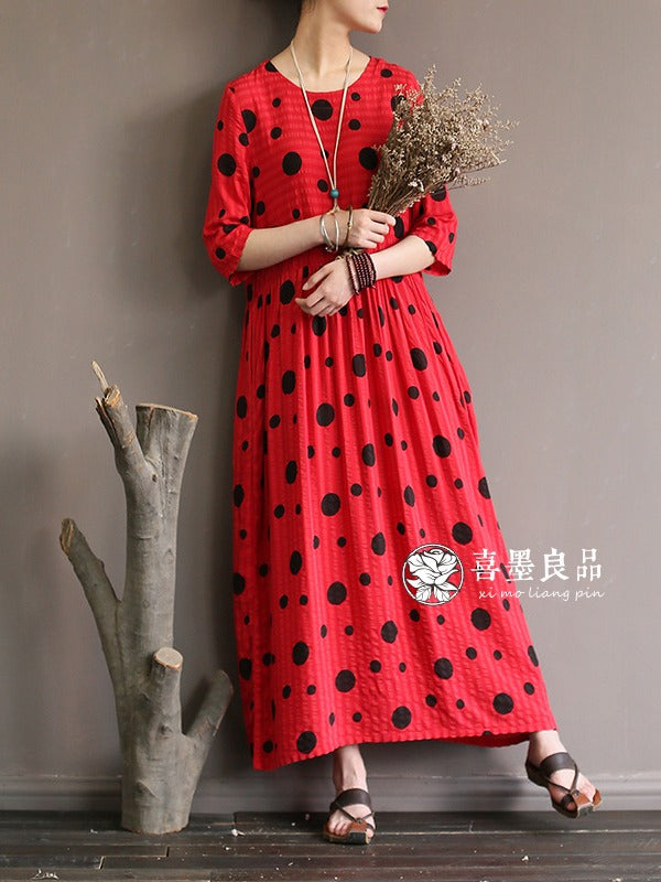 LOOSE SIMPLE POLKA-DOT COTTON LONG DRESS