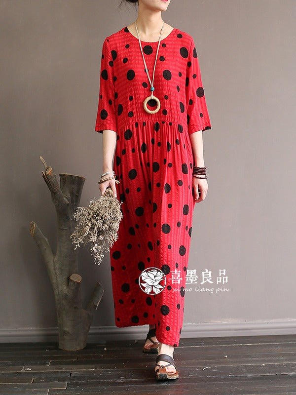 LOOSE SIMPLE POLKA-DOT COTTON LONG DRESS