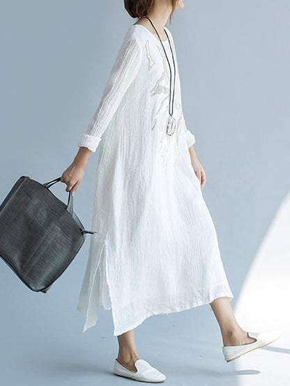 White Ramie Cotton Embroidered Long Dress