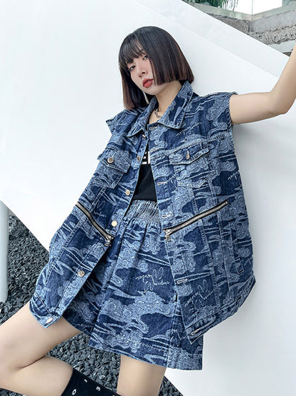 Stylish Buttoned Lapel Zipper Sleeveless Denim Two Pieces Set