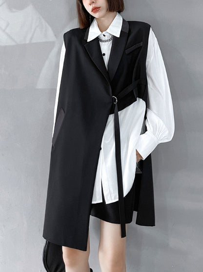Cool Irregular Solid Color Split-Joint With Pocket Tied Notched Collar Sleeveless Vest Outwear